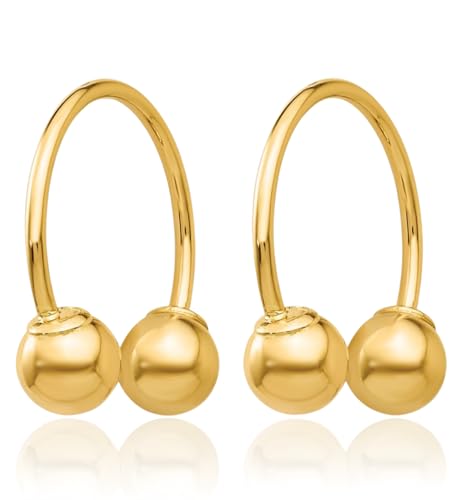 14K Solid Yellow Gold Small Hoop Beaded Drop Dangle Earrings3