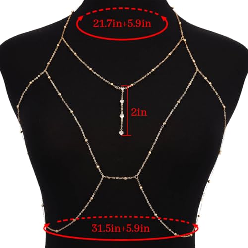 Tgirls Beads Body Chain Sexy Body Jewelry for Women Crystal Body Chains Layered Bra Bikini Body Waist Chain (Gold)