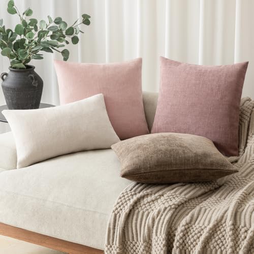 Image of Foindtower Pack of 2 Soft Textured Chenille Throw Decorative Pillow Covers Lumbar Accent Solid Cushion Cover Cozy Neutral Farmhouse Pillow Case for Couch Sofa Bedroom Living Room 12x24 Inch,Light Pink