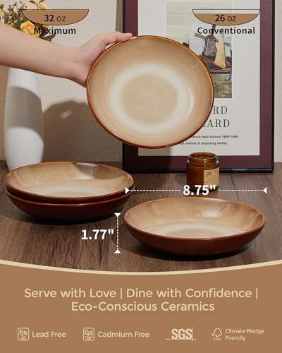 Image of 8.75'' Ceramic Pasta Bowls Set of 4, Salad Bowls Pasta Serving Bowls | 32Oz Versatile Serving Bowls for Pasta, Salad, Fruit & Noodles, Soup Bowls Sets, Stoneware Pasta Plates, Brown Yellow