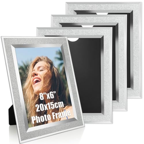 AHAQU 4PCS 8x6 Inch Glass Photo Frames, Mirrored Glitter Photo Frame, Silver Crystal Picture Frame, Freestanding Photo Frames for Home Decoration, Office Display, Gifts