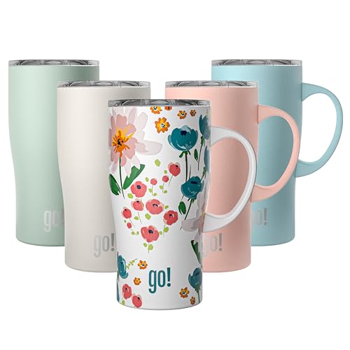 go! Taza de café de viaje de 16 onzas con asa y tapa abatible, taza de café de acero inoxidable aislada reutilizable, apta para viajes, multicolor floral