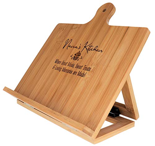 Nana Gift Cookbook Stand Recipe Holder - Custom Engraved Bamboo Cutting Board Foldable Chef Easel Metal Hinge Kickstand Ipad Tablet Compatible Christmas Birthday Mother Day Kitchen Decor (10.25X10.25) #TOP2