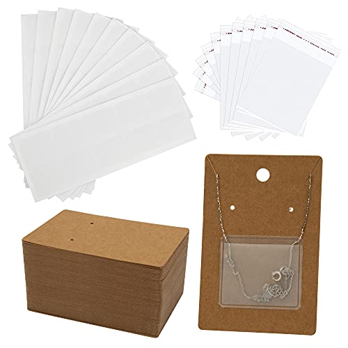 Temlum 100 Pcs Jewelry Display Cards with 100 Pcs Adhesive Pouches and Clear Bags, Necklace Earring Card Holders for Selling Jewelry Packaging Supplies (Brown)