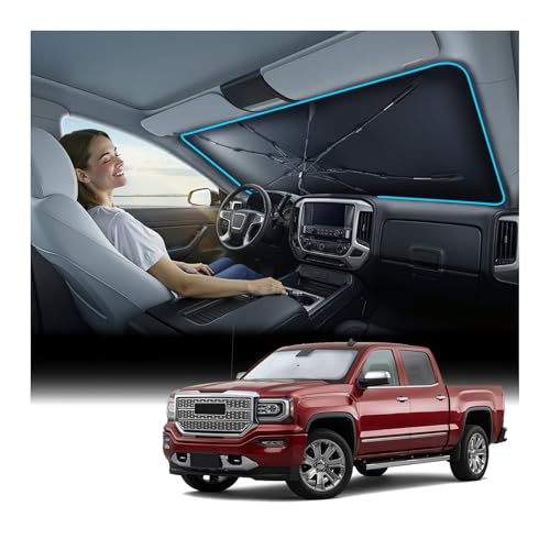 Nmoiss Windshield Sun Shade Umbrella for GMC Sierra 1500 2500HD 3500HD [Vinyl Coating Heat Shield] Protect Car from Sun Rays & Heat Damage Keep Cool and Protect Interior