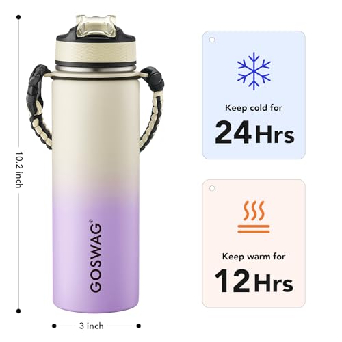 Image of GOSWAG 24oz Insulated Stainless Steel Travel Water Bottle, 2 Lids | with straw and no straw, Paracord handle, Double-wall vacuum keeps drinks cold or hot, Leakproof tumbler