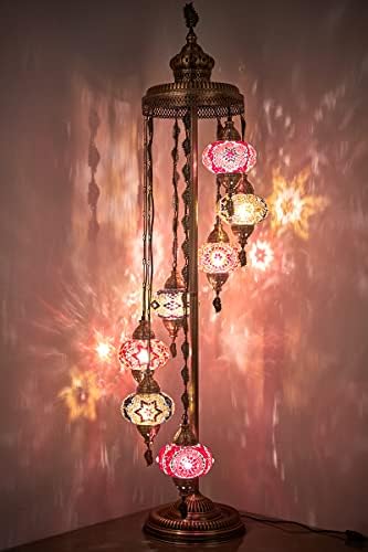 DEMMEX - 7 Big Globes Turkish Moroccan Mosaic Floor Lamp Light, Bohemian Boho Tiffany Mosaic Floor Lamp with North American Plug & Socket, 5' (Reds-Browns)