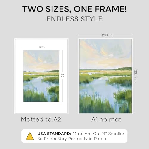 Image of Homeforia A1 White Poster Frame, High-End Metal, A2 Mat, Glass | High End Aluminum, Tempered Glass, Acid-Free A2 Removable Mat, A1 Edge-to-Edge Display, Wall Kit, Set Of 1