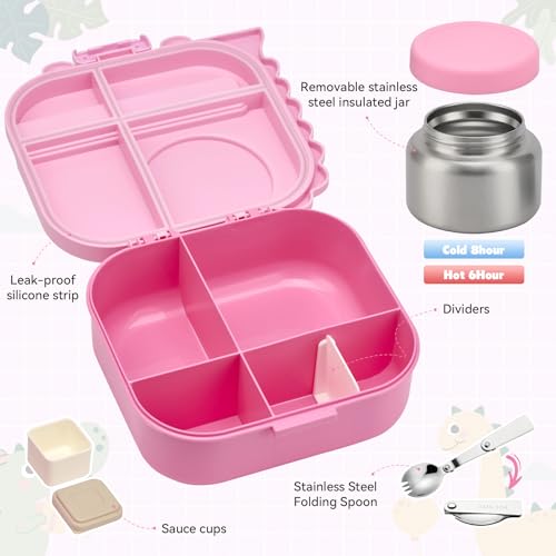 Image of Pawtong Bento Lunch Box with Thermo, 4-Compartment Bento Box with Adjustable Dividers, Leakproof Dinosaur Lunch Box with 14.2OZ Insulated Food Jar & Sauce Jar, for School Office Travel(Pink)