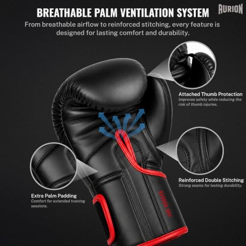 Image of Aurion Boxing Gloves 16 Oz for Men | Premium PU Leather Training Gloves with EVA Foam Padding, Breathable Palm, Wrist Support & Thumb Protection | Boxing, Sparring,Kickboxing| Black-Red