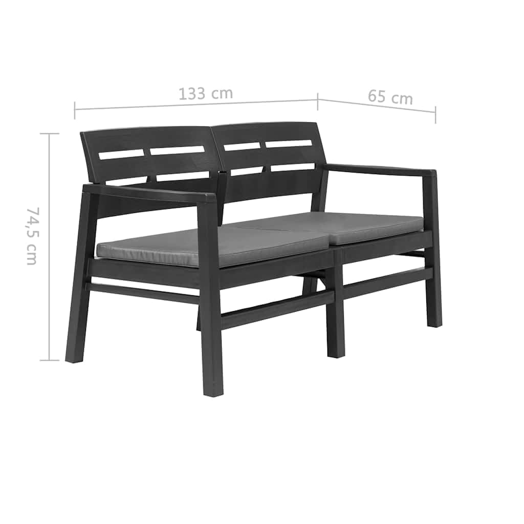 Banco de jardín 2 plazas 133 cm Plástico Antracita | Resistente a la intemperie, fácil de limpiar, ligero, con 2 cojines de asiento