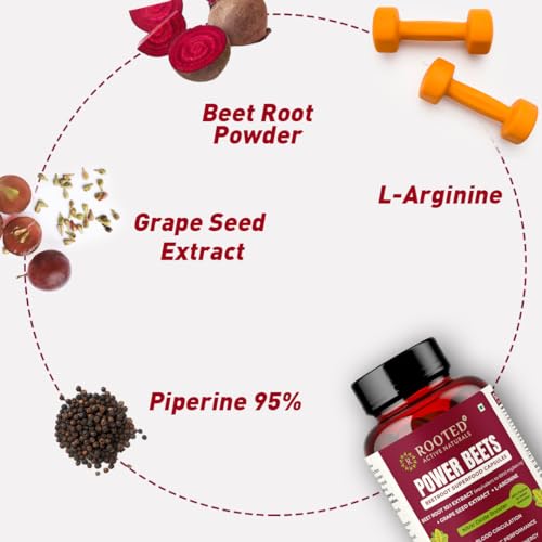 Image of Rooted Actives Power Beets Capsules - 10:1 Beet Root Extract with L-Arginine, Grape Seed Extract & Piperine | Nitric Oxide Booster, Heart & Circulation Support | 120 Count Vegan Capsules