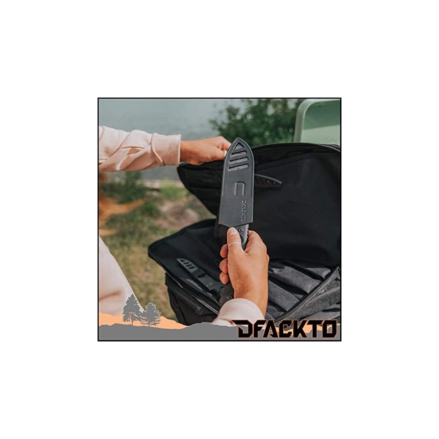 DFACKTO - 11 Piece Premium Rugged Chefs Knife Set with Sheaths and Case for Kitchen and Camping, Stonewashed High Carbon Stainless Steel Knives in Travel Kit, G10, Black Cooking BBQ Utensils