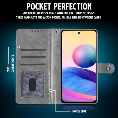 Image of WOW IMAGINE Shock Proof Flip Cover Back Case for Xiaomi Redmi Note 10T 5G | Poco M3 Pro 5G (Magnetic Button Flip Case | Wallet Pockets & Stand | Leather Finish | Stone Grey)