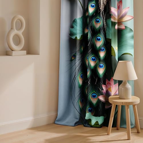 Image of Ultimate Trends Room Darkening Digital Printed Peacock Prints Curtain 65-70% Opacity,Diamond Eyelets, Tie Back, 9 FEET Pack of 1,Misty Aqua & Pink