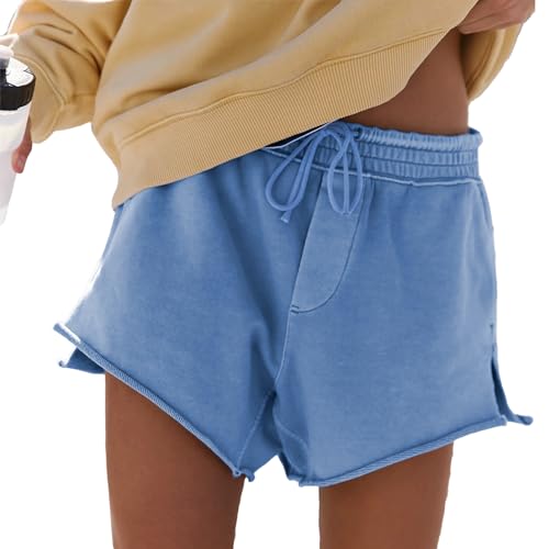 Songling Womens Sweat Shorts Casual Summer Athletic Raw Edge Running Elastic Waist Wash French Terry Shorts with Pockets(Blue S)