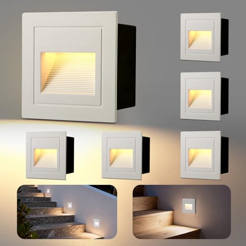 VivaLet 6 Piezas Iluminacion Escalera LED 3W 300LM, Luz LED Escaleras 230V 3000K, Iluminacion Exterior IP65, Caja de Montaje Empotrada 68mm, 85 x 85mm, Luz Exterior Pared Aluminio Blanco, Cuadrado