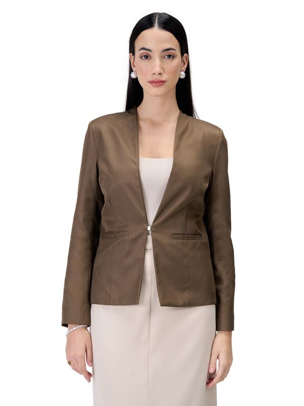 salt attire Women’s Single Breasted Blazer Coat – Solid Polyester, Cream, Casual Office Jacket-picture-39