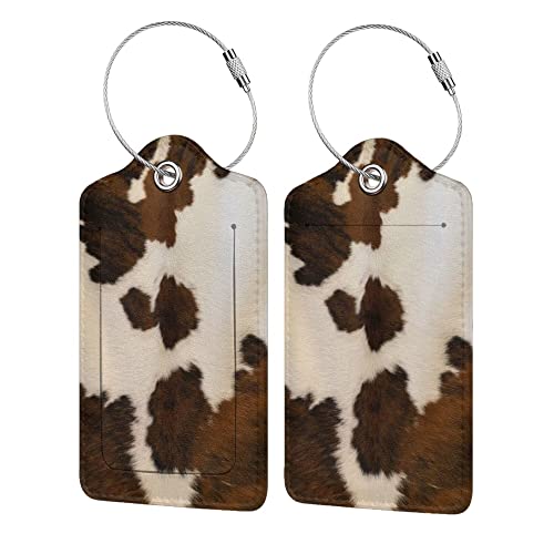 Luggage Tags - 2-Pack PU Leather with Privacy Cover & Stainless Steel Loop - ID Labels for Suitcases & Travel Bags - Cow Hide Brown
