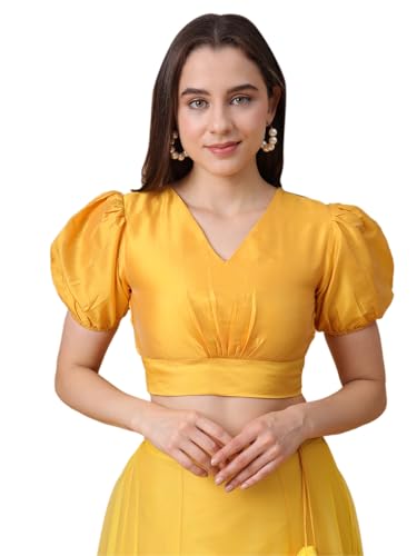 Image of Frolic Rolic Women's Girls Silk Puff Sleeve Solid V-Neck Crop Top Blouse for Party Wedding Festive
