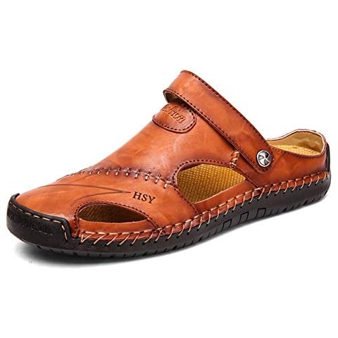 Rojeam Mens Casual Leather Sandals Closed Toe Beach Slippers Flat Shoes Summer Sandals for Hiking Trekking Brown Cover