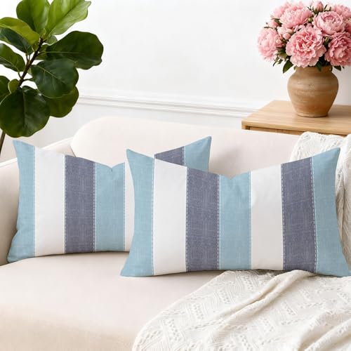 Brylleii Lot de 2 Housse de Coussin Rectangulaire 30x50 Bleu Moderne Housse Coussin Decoratif Canapé Rayures Blanc Taie d'oreiller Vintage Lin Decoration pour...
