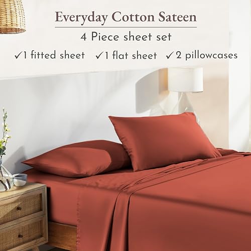 Image of California Design Den King Sheets Set - Natural 100% Cotton Sateen with Deep Pockets, Soft Sateen Weave, Breathable and Durable Bedding (Bright Orange)