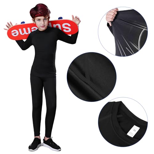Shengxi Ropa Interior Térmica para Niños, Transpirable Deportes Conjuntos Térmicos Ropa Interior Funcional Termo Unisexo Ciclismo Futbolístico Deportes de Manga Larga (Negro, 24/115-125 cm) - imagen 3