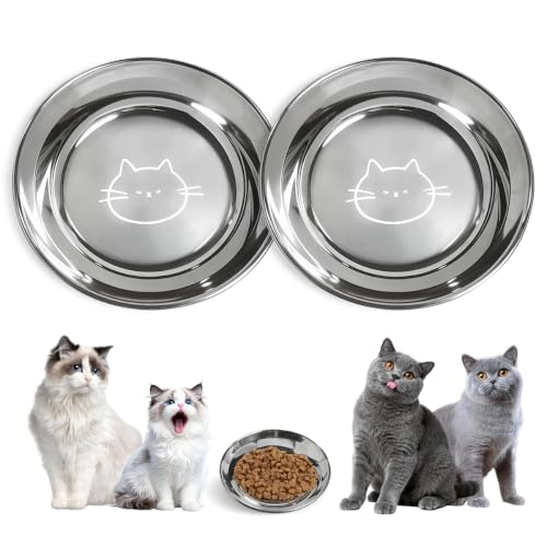 Stainless Steel Cat Bowls Food Dishes for Indoor Cats Cats Shallow Whisker Friendly 6.4Inches Cat Food Water Dishes Bowls Whisker Fatigue Relief Dishwasher Safe 2Pcs
