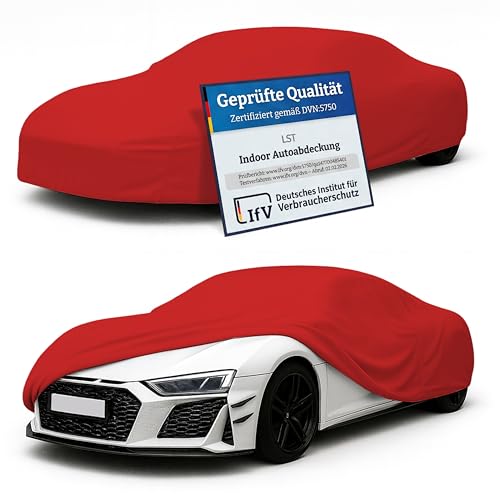 LST Autoabdeckung Indoor – lackschonende und Dehnbare Autogarage. Car Cover Innenbereich für Autohäuser und Endverbraucher. Auto Abdeckplane schützt vor Sonne, Staub. (Rot, S (380x125x120cm))