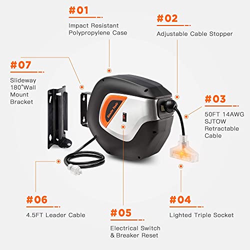 Giraffe Tools De14 Retractable Extension Cord Reel 50 Ft 14/3Awg Power Cord Storage Reel Wall/Ceiling Mount, Lighted Triple Tap Outlet, 50Ft, Black Orange #TOP5