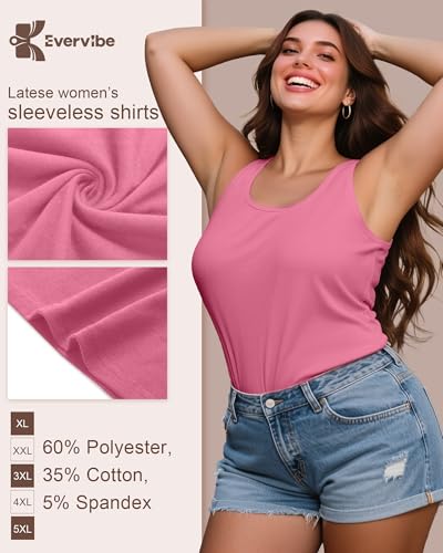 4 Pack Women's Cotton Plus Size Tank Tops, Scoop Neck Sleeveless Shirts Casual Summer Ladies Basic T-Shirts Tee4