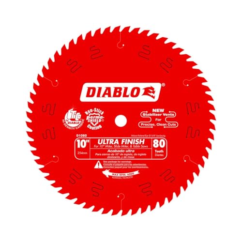 Image of Diablo Ultra Finish Saw Blade for Wood - 10 inch Diameter, 80 Hi-ATB Teeth, 5 /8 inch Arbor, .098 inch Kerf, 15-Degree Hook Angle, .071 inch Plate, 6000 Max RPM - D1080X