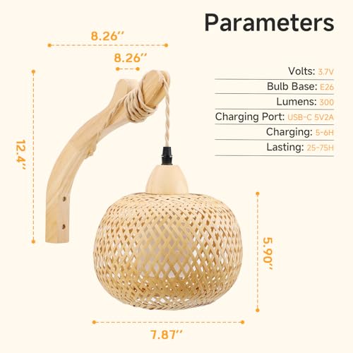 Image of NIORSUN Boho Wall Sconce, Wireless Rechargeable Battery Powered with Vintage Woven Design for Bedroom, Living Room, Dimmable LED with 3 CCT and 6 RGB Solid Color, Timer, Easy Install