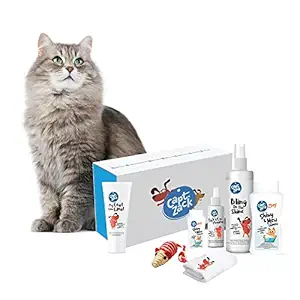 Captain Zack - The Cat Groom Box ? Ultimate 7-in-1, Head-to-Paw Groom-Kit for Your Cat- (Shampoo +Conditioner +Dry Shampoo +Towel +Toy) - pH Neutral and Paraben Free
