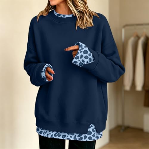 NEKSVTH Casual Shirts for Women Navy#4 L Oversized Y2K Faux Layered Crewneck Sweatshirt Pullover Fall Winter Casual Daliy Wear — view 3