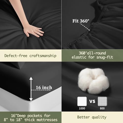 Image of 100% Egyptian Cotton Sheets Queen Size Bed Sheet - 1000 Thread Count Long Staple,16 Inches Deep Pocket,Bedding Super Soft Breathable,Sateen Weave,All Season 4-Pc Sets (Knight Black, Queen)