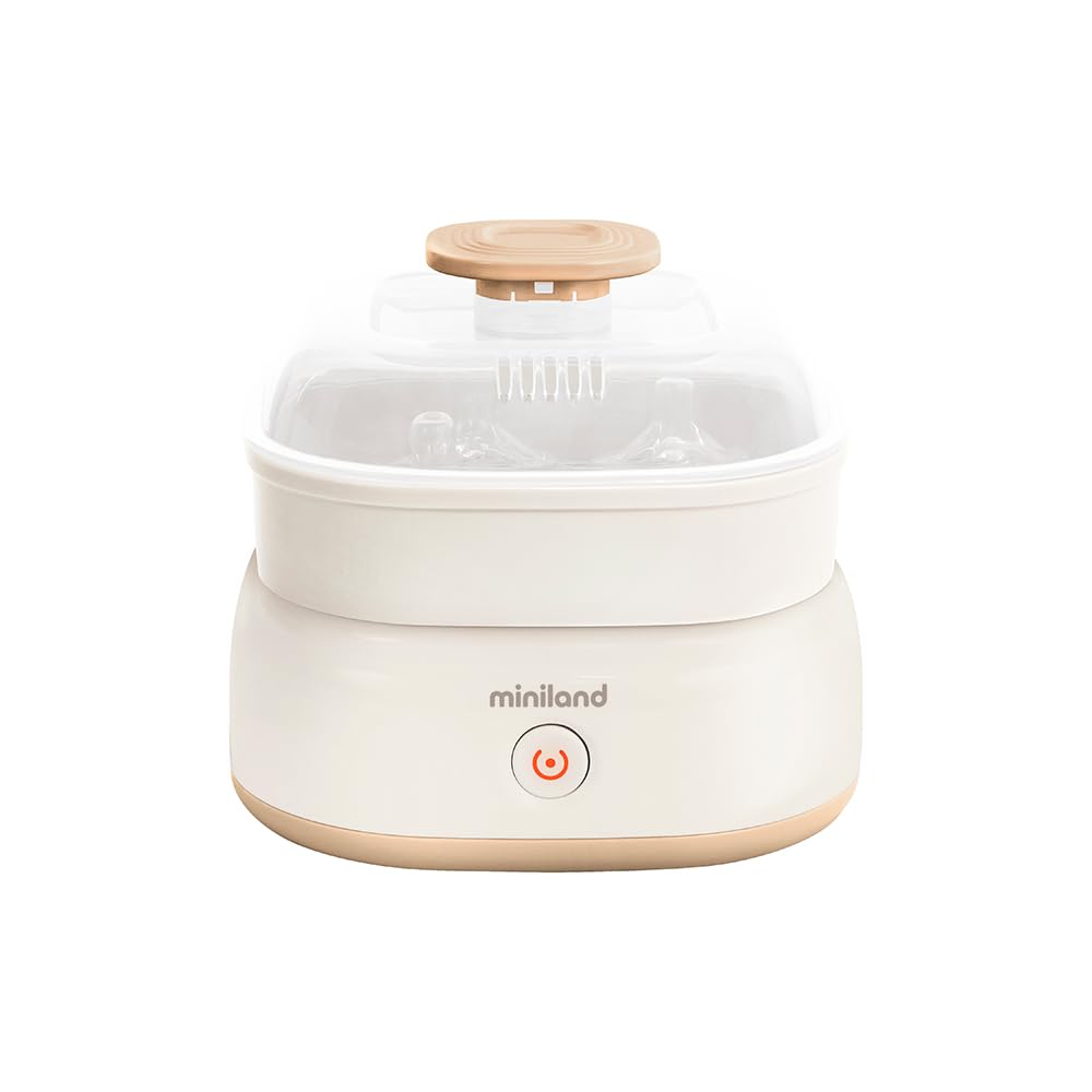 Miniland - Mini Steamy Sterilizzatore a vapore, grande capacità per biberoni, ciucci e tettarelle, unisex, adatto per lavastoviglie, automatico, senza sostanze chimiche (beige)