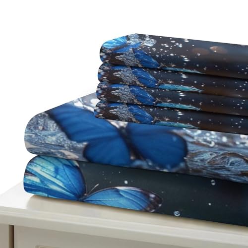 Housse de couette 135x200 papillon bleu lit simple 3 pièces