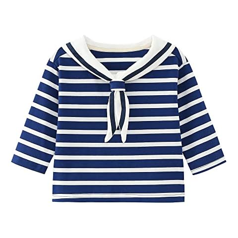 KEAICO Boys Girls Unisex Long Sleeve Sweatshirt Navy Blue Casual Sweatshirt Collar Top Long Sleeve Pullover Cotton Blue White Stripes Top, Blue and white stripes, 2-3 Years Cover