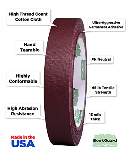 Bookguard 0.75 Inch Premium Bookbinding Repair Cloth Tape, 15 Yard Roll, Burgundy #TOP1