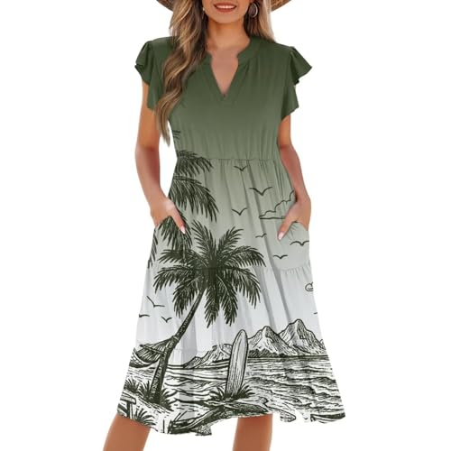 Image of Women's Casual Ruffle Sleeve Dress V Neck Pullover Dress Flowy A-Line Pleated Lightweight Dress with Pockets