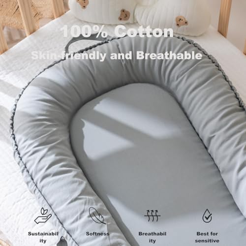 Image of Infant Lounger, Baby Lounger Cover for Baby Girls & Boys, Portable Baby Support Cushion, Newborn Essentials for Baby 0-12 Months, 100% Cotton Breathable, Travel Baby Lounger (Slate Gray)