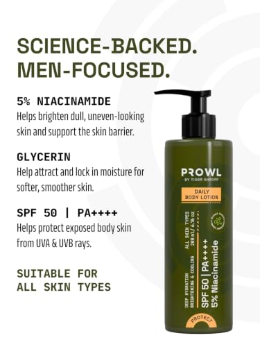 Image of PROWL by Tiger Shroff Men Body Lotion SPF 50 PA++++ with 5% Niacinamide | Daily Body Sunscreen Moisturiser for Deep Hydration & Brightening | Dry Skin, All Skin Types | Moisturizer Bodylotion | 200ml
