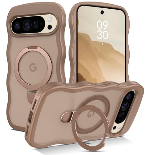GaoBao Magnetic for Google Pixel 10 Pro XL Case with Ring Stand [Compatible with MagSafe] Curly Wave Frame Case Translucent Matte Shockproof Protective Cover for Pixel 10 Pro XL Desert Titanium