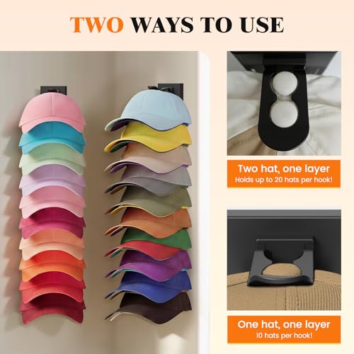 YOUDENOVA Hat Organizer for Baseball Caps, 2 Pack Hat Rack for Wall, Black - image 2