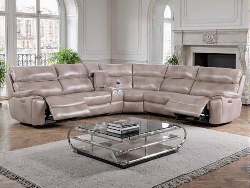 AYCP Furniture Top Grain Leather Living Room Recliner Sectional Set, USB Charging Port, Convertible Electric Recliner for House, Living Room, The Office (Taupe)