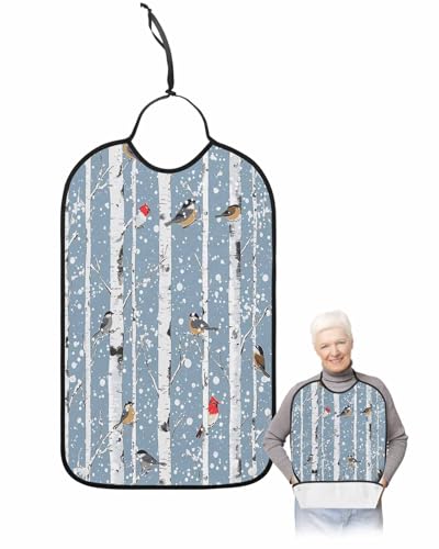 Christmas Adult Bib for Adults Men, Women, Winter Forest Snowflakes Bird Pine Tree Washable & Adjustable Terry Cloth Bib with Crumb Catcher Reusable Waterproof Clothing Clothes Protector Apron