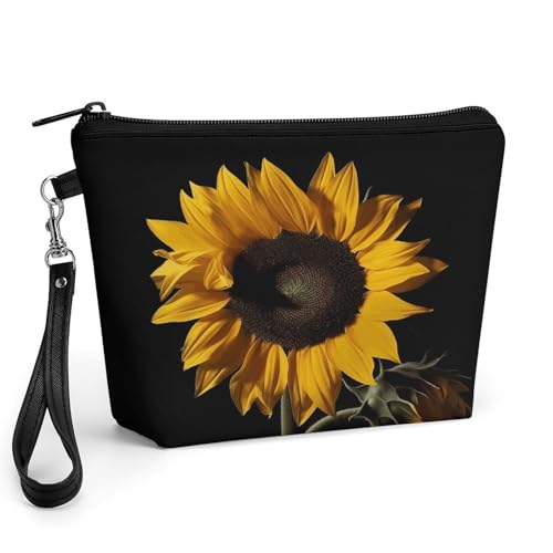 Bolsa de maquillaje grande con fondo negro de girasol y asa para cosméticos