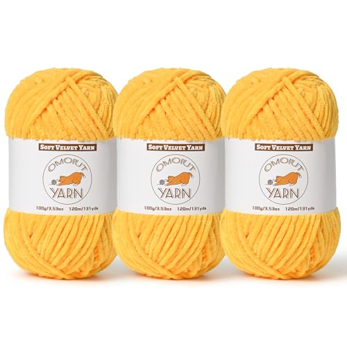 Image of 3 Pack Golden Yellow Fluffy Velvet Yarn for Crocheting,Chunky Chenille Baby Blanket Yarn for Crochet,Soft Fuzzy Puzzle Yarn for Knitting,(100g /3.53oz Each) Bulky Thick Amigurumi Crochet Yarns
